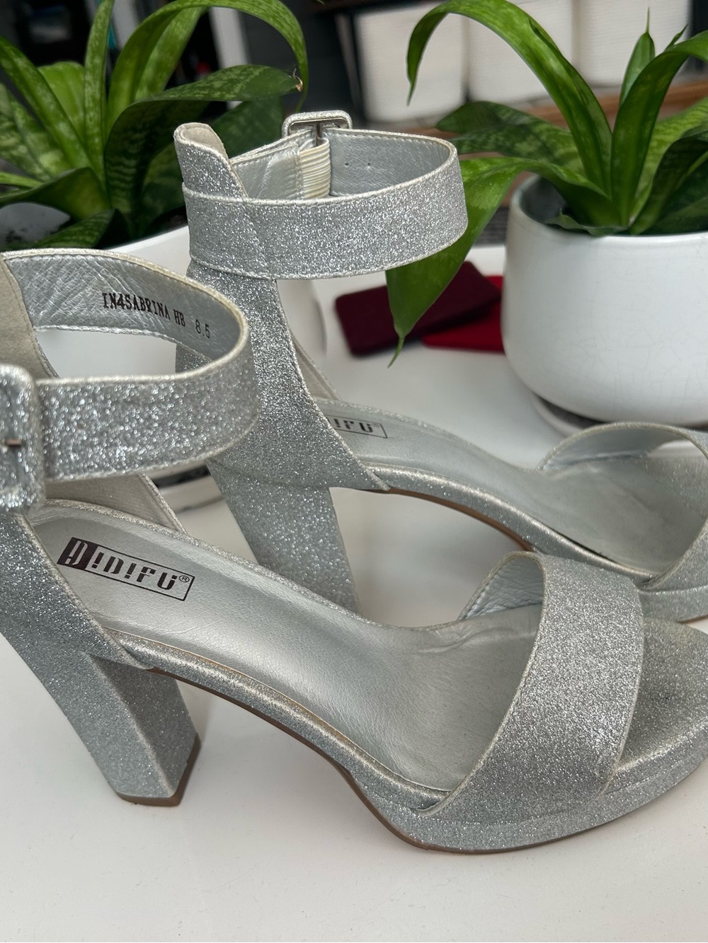 Silver Glitter Block Heel Sandals - Women's